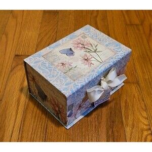 Elegant Storage Box Blue & Pink Floral Butterfly Theme With Bow Accent